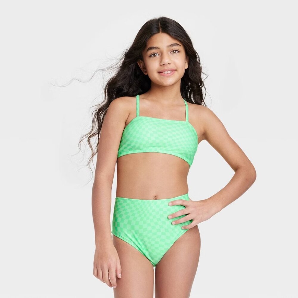 art class Girls' Warp & Check Bikini Set - Green, Small